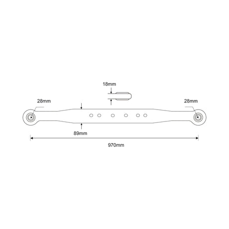 Technical diagram of the Lower Link Lift Arm - Ball Ø 28mm - RH & LH (Sparex Part No.S.15182) by Sparex, measuring 970mm in length, with end balls having a diameter of 28mm, an 18mm segment, and an 89mm section between holes.