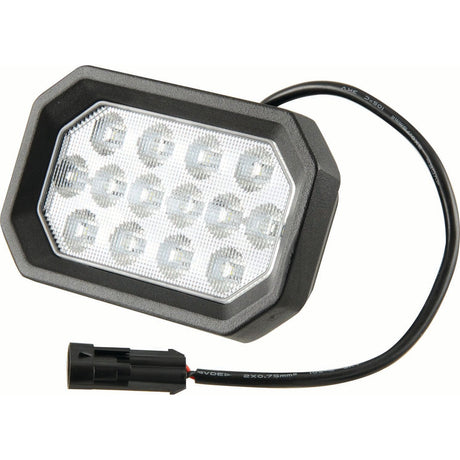 A Sparex rectangular LED work light, compatible with John Deere, offering 2800 lumens raw output and a black housing with a connected black cable featuring a Delphi Connector.