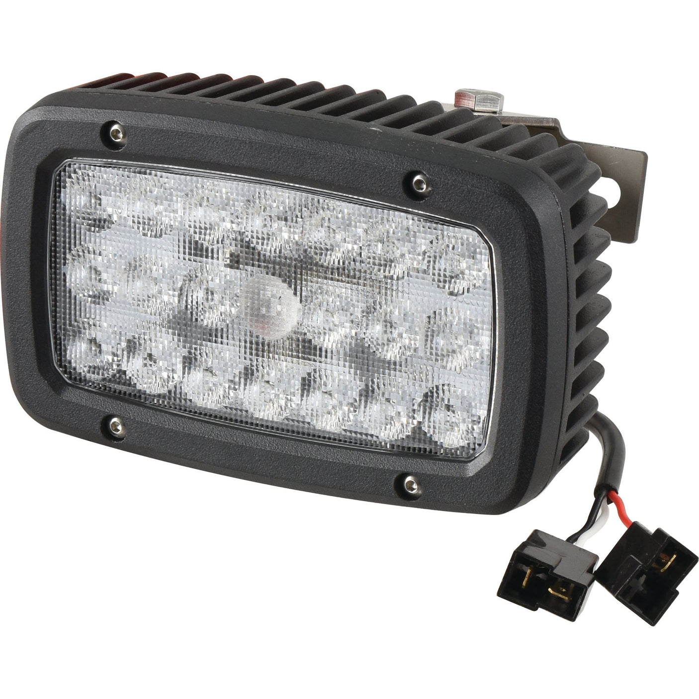 The Sparex LED Work Light (S.151854) is a Class 3 interference, 6600 lumens raw rectangular LED light with a black heat-dissipating housing, offering an IP6K9K rating and flood beam capabilities, featuring two connected electrical plugs.