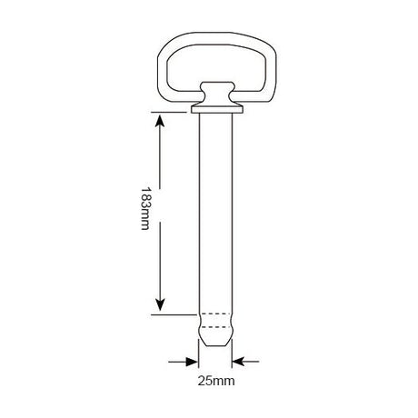 A technical drawing of a key-shaped object, resembling a Sparex Hitch Pin with Grip Clip, measuring 183 mm in height and 25 mm in width at the base (Sparex Part No. S.15201).