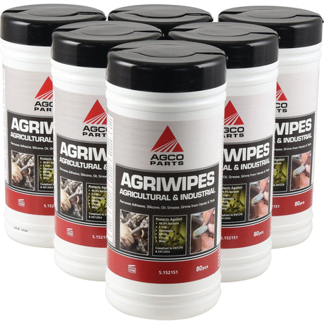 Six canisters of Sparex NLA Hand Wipes (Sparex Part No. S.152151) for agricultural and industrial use are placed together. Each canister contains 80 Agriwipes designed to remove adhesives, silicone, oil, grease, and other contaminants.