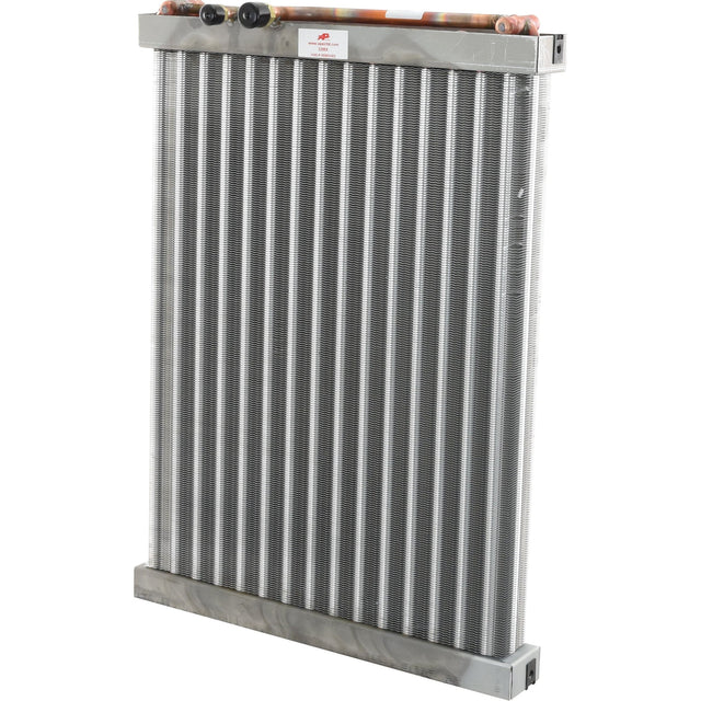 Vertical metal radiator with multiple horizontal fins, copper pipes at the top, and a silver frame, isolated against a white background. This Condenser (Sparex Part No. S.152495) by Sparex is compatible with Fiat 5166770 vehicles.