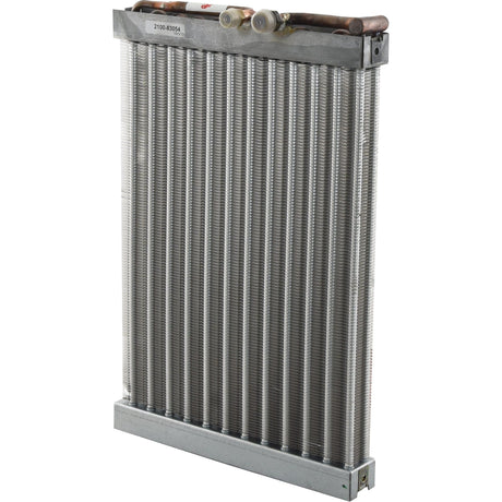 The Condenser - S.152523 by Sparex is a precision-engineered metal heat exchanger with multiple vertical fins and mounted pipes, commonly used in HVAC systems for heating or cooling purposes.