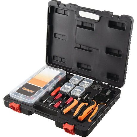 Open black plastic toolbox containing various tools, including wrenches, screwdrivers, an assortment of small parts in compartments, and a patented quick-change crimper. The product is the Deutsch DT Connector All-in-One Kit with 181 pieces by Sparex (Product Code: S.152535).