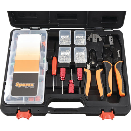 Introducing the Deutsch DT Connector All-in-One Kit (181 pcs. - S.152535) from Sparex, a comprehensive toolbox featuring various tools and accessories such as the patented quick-change crimper, screwdrivers, Original Deutsch DT connector case, and multiple compartments packed with small fittings—making it the ultimate all-in-one solution for all your needs.