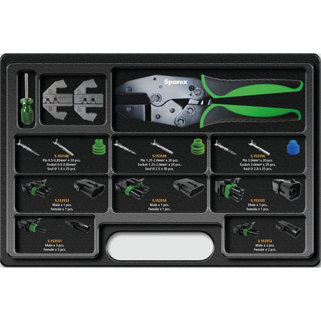 The Sparex Weather Pack Connector All-in-One Kit, 220 pcs. (S.152537) comes in a black plastic case and is perfect for automotive applications. This comprehensive set features a quick-change crimper, an assortment of weather pack connectors, seals, and screws, all neatly organized in labeled compartments.