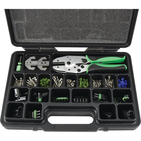 The Sparex Weather Pack Connector All-in-One Kit, 220 pcs. - S.152537, features a black plastic toolbox with various green and silver crimping tools, including a quick-change crimper, and neatly organized compartments with Weather pack connectors—perfect for automotive applications.