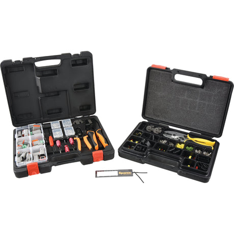 Two open black toolboxes filled with various hand tools and small components. The left box displays pliers, screwdrivers, and organized parts; the right box shows wrenches, a quick-change crimper, and additional tools like those found in the Deutsch Superseal Connector All-in-One Combo Kit by Sparex (S.152538).