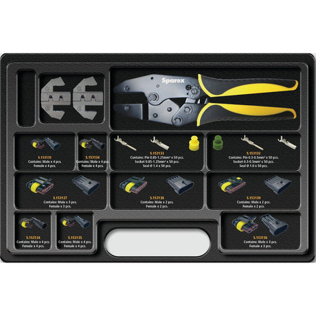 The Deutsch, Superseal Connector All-in-One Combo Kit - S.152538 by Sparex includes a quick-change crimper, terminal connectors, and various jaws, all organized in a black plastic case with labeled compartments for both Deutsch DT and Superseal connectors.