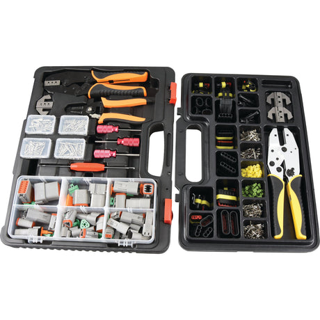 The Sparex Deutsch, Superseal Connector, All-in-One Combo Kit - S.152538 features a plastic case that opens to reveal a neatly organized set of tools, including pliers, crimping tools, a quick-change crimper, Superseal and Deutsch DT connectors, and various small parts arranged in separate compartments.