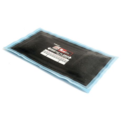 A rectangular patch labeled "Sparex Repair Patch - Radial (140TL) 100 x 195mm," featuring a black center and light blue border, ideal for durable repairs on radial tyres.