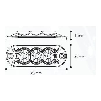 Technical diagram of the Sparex LED Slimline Hazard Light, a small rectangular device with three circular components, featuring an IP65 rating and dimensions of 82mm in length, 30mm in width, and 11mm in height. The light has a class 3 interference level and offers both single flash and double flash functions at 12-24V - S.152727.