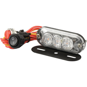 The LED Slimline Hazard Light by Sparex, model S.152727, features a compact design with three bulbs and includes an IP65-rated black mounting bracket, as well as an attached wiring bundle that comes with a red push button and a black on/off switch. This Class 3 interference light supports both single and double flash functions and operates within a 12-24V range.
