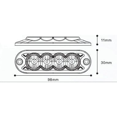 The Sparex technical diagram of the LED Slimline Hazard Light (Product Code: S.152729), which is IP65-rated, features four circular lights and measures 98mm in width, 30mm in height, and 11mm in depth.