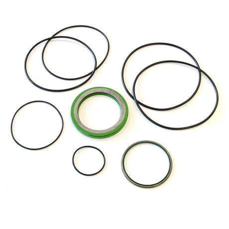 Assorted circular parts, including various sizes of black O-rings and seals from the Sparex Trale Orbital Motor Seal Kit OMV (Sparex Part No. S.153120), arranged on a white background.