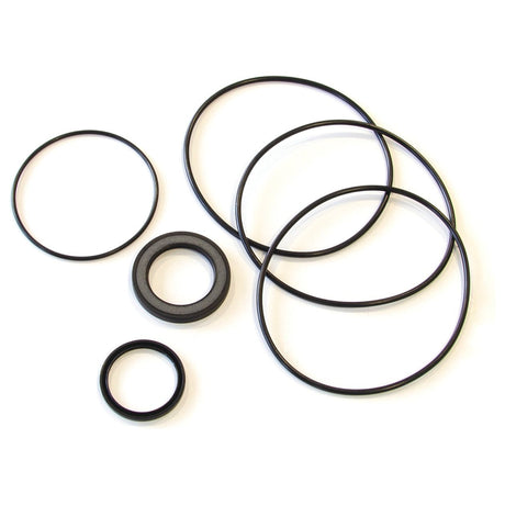 A set of seven black rubber O-rings and gaskets of various sizes, perfect for any cylindrical shaft, featured in the Trale Orbital Motor Seal Kit OMR by Sparex (Part No. S.153128), displayed on a white background.