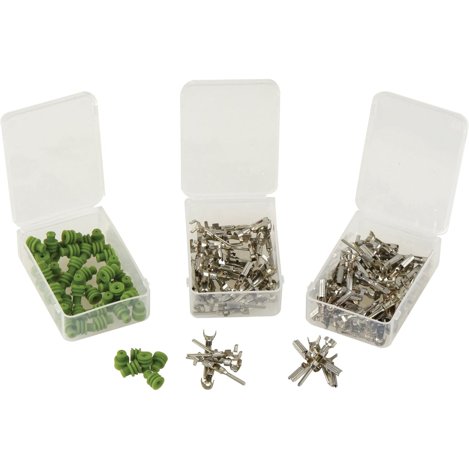 Three open plastic boxes contain green caps, metal electrical connectors, and Seal Ø 1.0 from the Italian Superseal Pin & Seal Refill 150pcs - S.153132 by Sparex. Some components are scattered in front of the boxes.