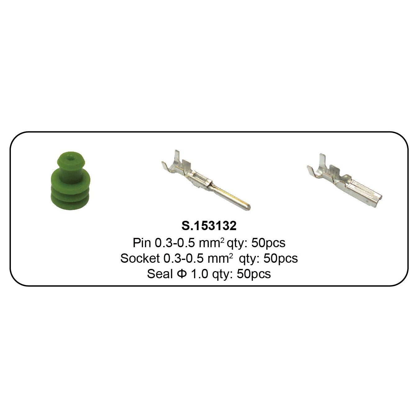 The image displays the "Italian Superseal Pin & Seal Refill 150pcs - S.153132" from Sparex, featuring components used in electrical connectors, detailed and quantified as follows: 50 pieces of 0.3-0.5 mm² pins, 50 pieces of 0.3-0.5 mm² sockets, and 50 pieces of Ø1.0 seals.
