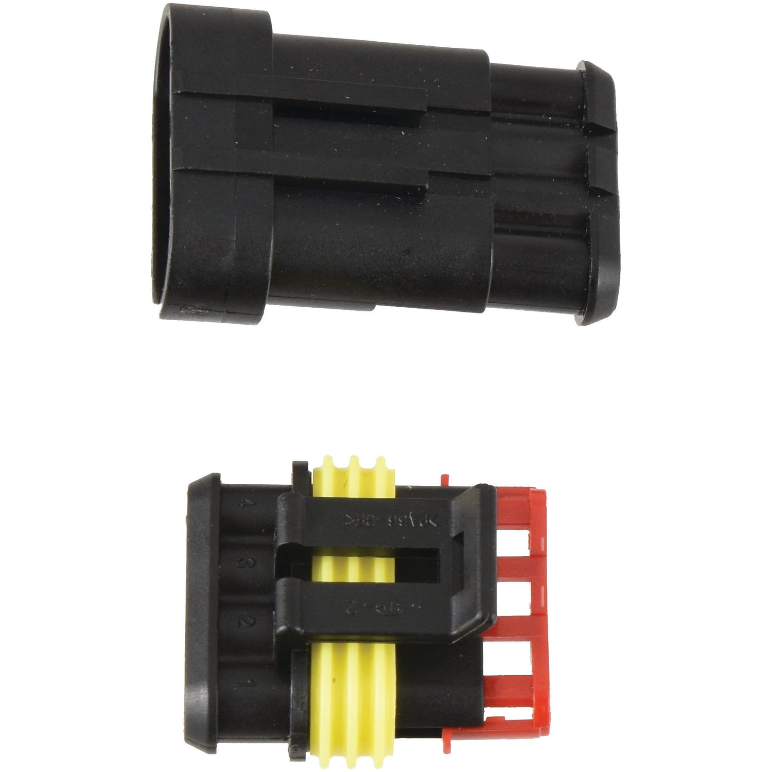 Two black plastic connectors with multiple pins from Sparex, specifically the Italian Superseal 4 Pole Refill 6pcs - S.153137, appear separated in the image, with one featuring yellow insulation and red accents.