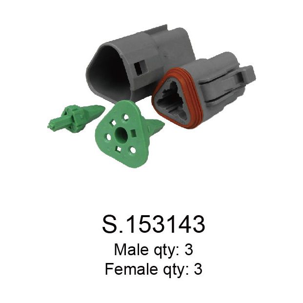 An image of a gray Deutsch DT Connector with green terminal fittings labeled "S.153143" features a 3 Pole Connection, available in quantities of 3 male and 3 female connectors. OEM Ref.: Sparex.
