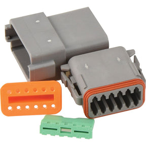 A set of electrical connectors, including gray housing, a gray plug, an orange terminal cover, and a green component for 12 Pole Connection. OEM Ref. compatible and available through Sparex as the Deutsch DT Connector 12 Pole 2 pcs. (Bag) - S.153147.