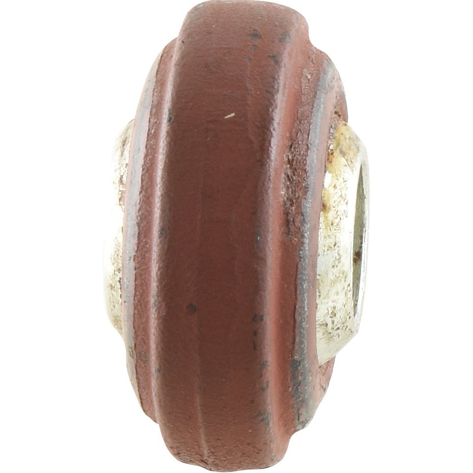 A close-up of the Sparex Lower Link Weld On Ball End (Cat. 1) LH, showcasing its precise ball width and finely detailed craftsmanship, featuring a round, brown ceramic bead with a shiny metal ring around the central hole.