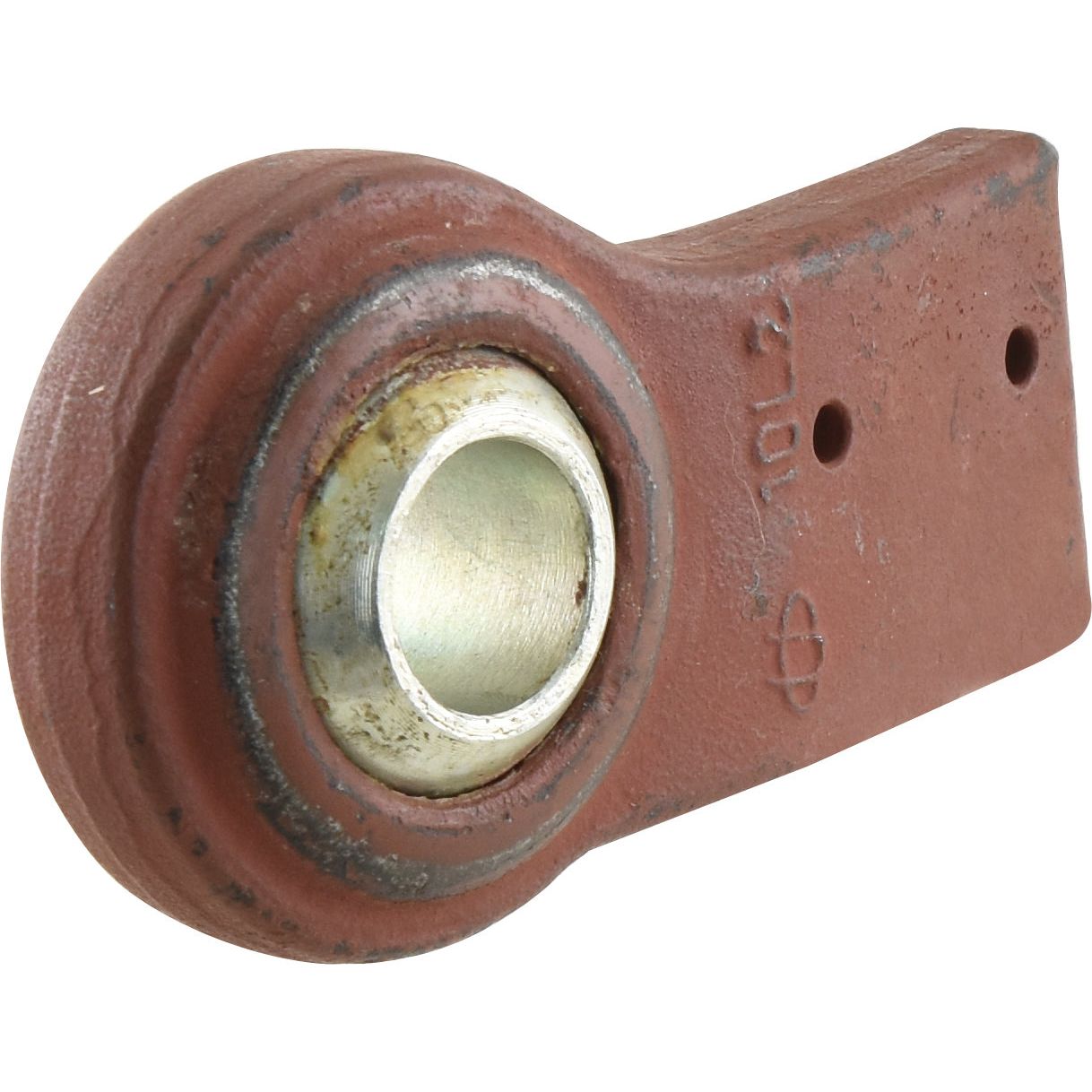 Close-up of the Sparex Lower Link Weld On Ball End (Cat. 1) LH, Sparex Part No.S.15340— a red, rectangular, metal machinery part with a circular hole in the center and two small holes nearby, showcasing precise welding length.