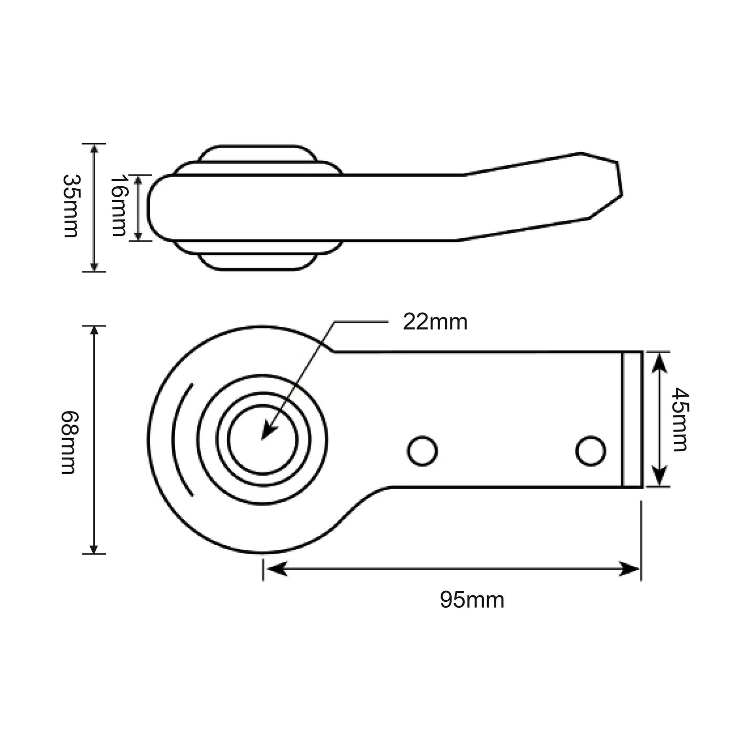 A technical drawing of the Lower Link Weld On Ball End (Cat. 1) RH | Sparex Part No.S.15341 by Sparex, featuring dimensions of 95mm in length, 45mm in height, a base diameter of 68mm, and a handle height of 35mm. Additional features include a working length with a 22mm central hole and other relevant measurements.
