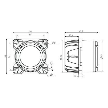 Technical drawing of a mechanical component with front and side views, showing detailed measurements in millimeters, including 103x103 base dimensions and a 96 mm circular central opening, designed to support the Sparex LED Work Light (Cree High Power) with an IP68 rating and 5700K brightness.