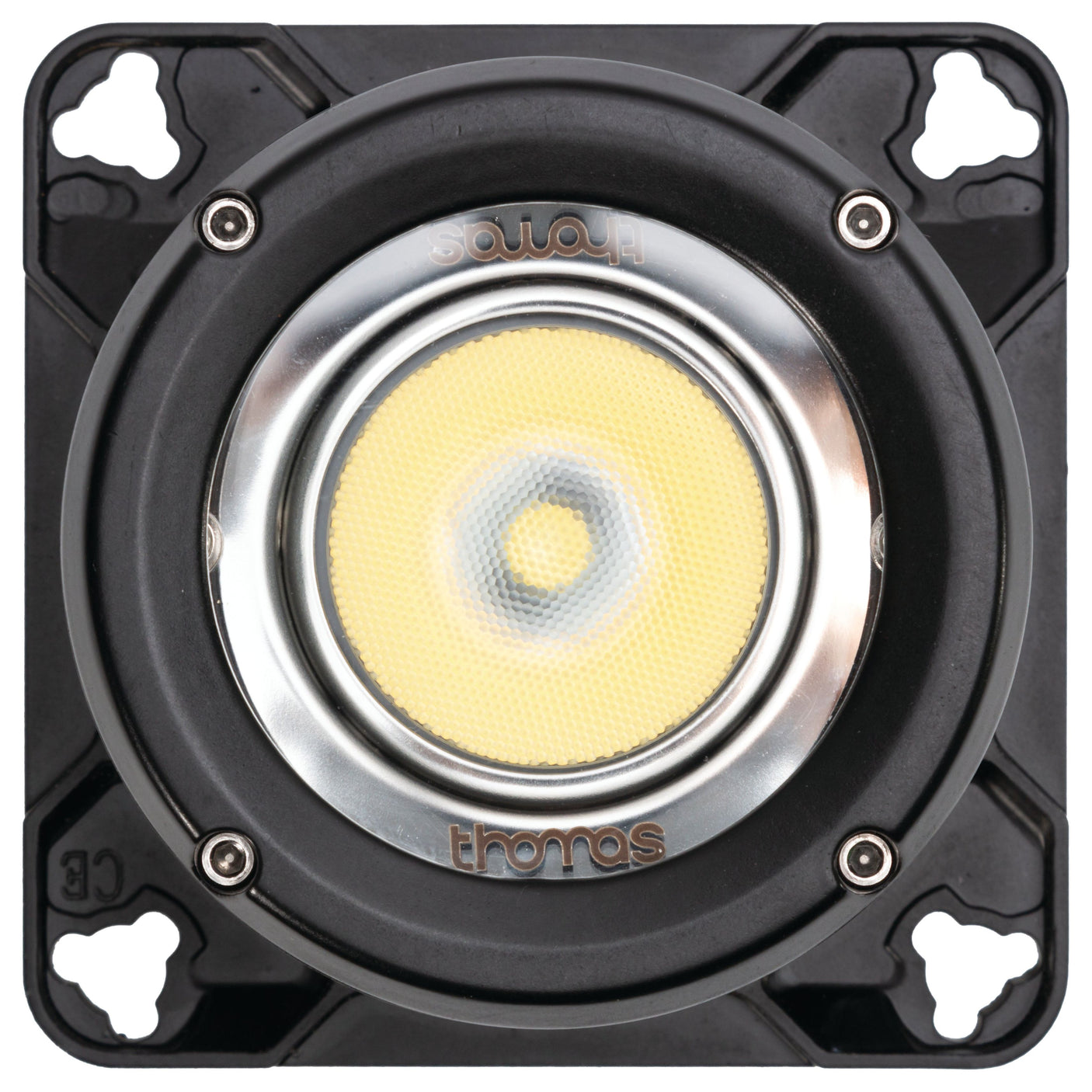 Close-up view of the Sparex LED Work Light (Cree High Power), square-shaped with a circular lens in the center, mounted on a black frame with four screw holes at the corners. Boasting an IP68 rating and 5700K brightness, it's built for durability and superior illumination. This Class 3 interference light delivers 3000 Lumens Raw, operating between 10-36V.
