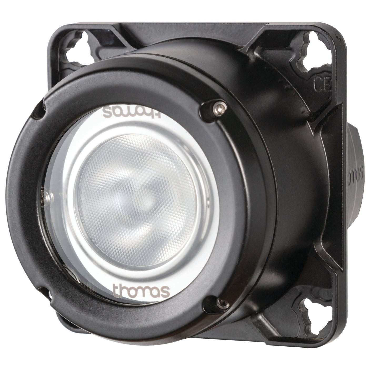 A black, square-shaped LED worklight with a round white lens in the center, featuring an integrated 2-pin Deutsch connector, manufactured by Sparex under the product name "LED Work Light (Cree High Power), Interference: Class 3, 3000 Lumens Raw, 10-36V - S.153707.