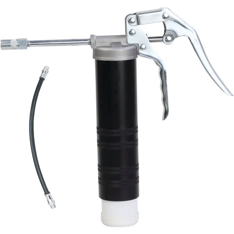 A black Sparex Pistol type Grease Gun for Spin On Cartridge - S.153714, equipped with a metal handle and trigger, featuring a professional 4 jaw coupler and a flexible hose attachment.