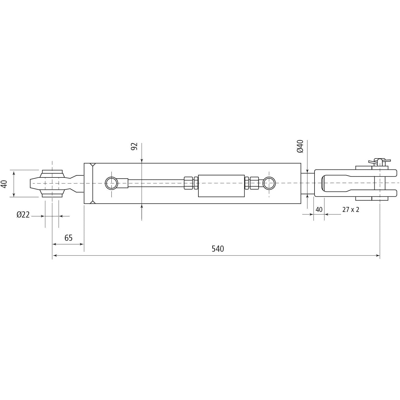 Technical drawing of a Hydraulic Levelling Box by Sparex, with dimensions labeled including a minimum length of 540 mm and featuring detailed measurements such as a ball diameter of 22 mm, fork hole dimensions of 23x50 mm, and an 80 mm cylinder bore. The design showcases precision similar to components found in the Kubota M5091. Includes supplied hoses and falls under Sparex Part No. S.153732.