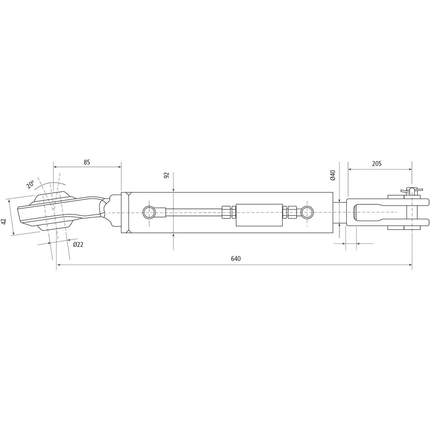 Technical blueprint of the Sparex Hydraulic Levelling Box, which includes dimensions and measurements in millimeters, featuring a cylinder bore of 80mm. The product, provided with hoses, also has a ball-angled diameter of 22mm and a fork hole measurement of 29x60mm.