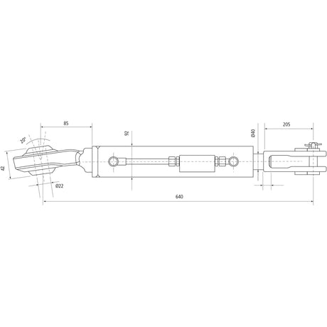 Technical blueprint of the Sparex Hydraulic Levelling Box, which includes dimensions and measurements in millimeters, featuring a cylinder bore of 80mm. The product, provided with hoses, also has a ball-angled diameter of 22mm and a fork hole measurement of 29x60mm.