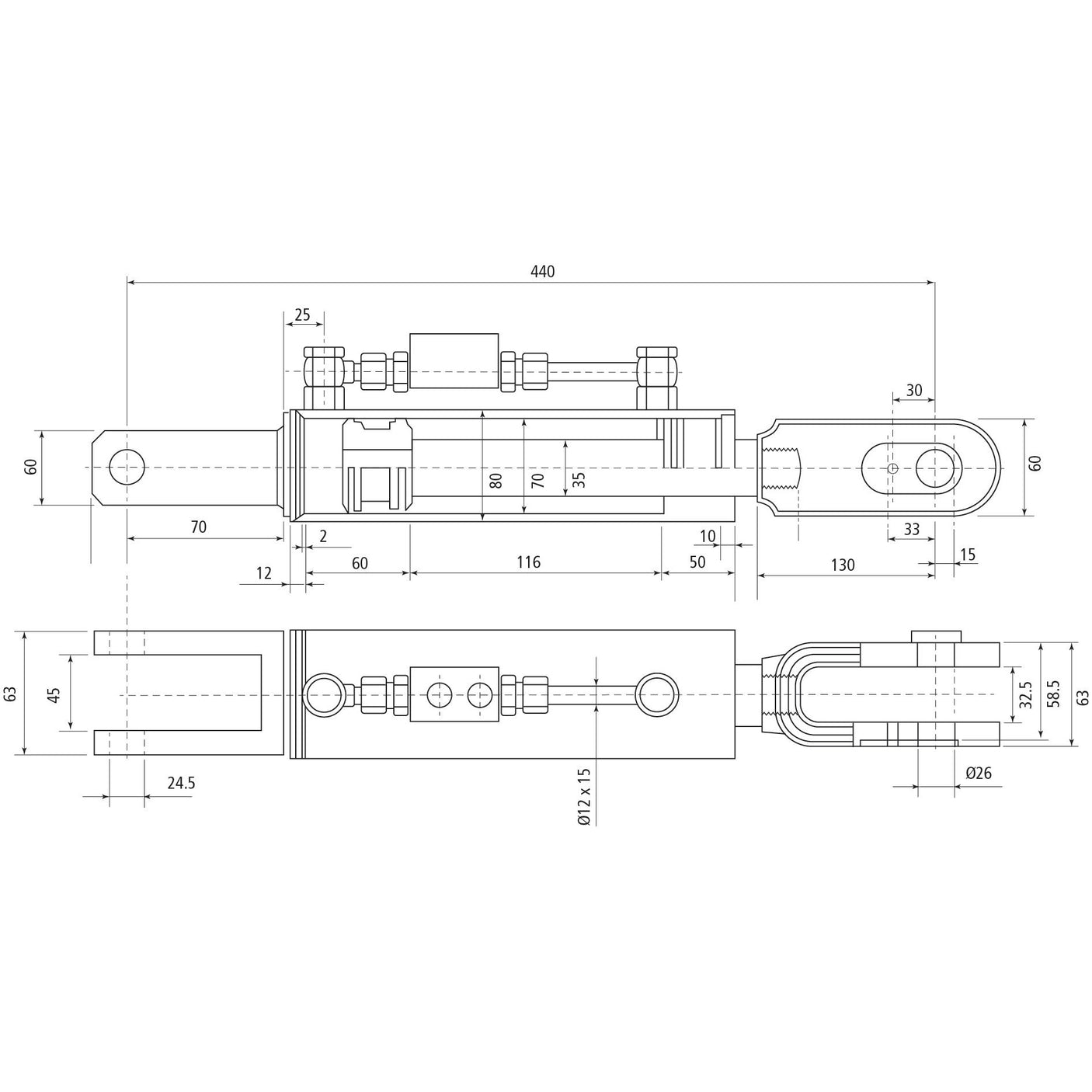 Hydraulic Levelling Box (Supplied with: Hoses), Min. Length: 440mm, Cylinder Bore: 63mm.
 - S.153736 - Farming Parts