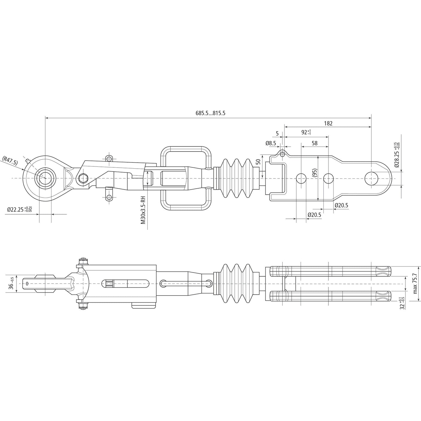 Technical drawing of a mechanical component with dimensions and specifications, including a Cylinder Bore 80mm. The illustration shows various views, such as top and side perspectives, for the Hydraulic Levelling Box (Supplied with: Hoses) - Ball Ø 22mm - Fork Hole Ø 28 & 28x90mm - Min. Length: 690mm - Cylinder Bore: 80mm by Sparex for Fendt VARIO, Sparex Part No.S.153740.