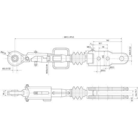 Technical drawing of a mechanical component with dimensions and specifications, including a Cylinder Bore 80mm. The illustration shows various views, such as top and side perspectives, for the Hydraulic Levelling Box (Supplied with: Hoses) - Ball Ø 22mm - Fork Hole Ø 28 & 28x90mm - Min. Length: 690mm - Cylinder Bore: 80mm by Sparex for Fendt VARIO, Sparex Part No.S.153740.