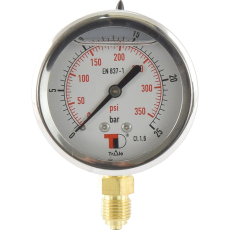 The Sparex Hydraulic Pressure Gauge Ø63mm (Sparex Part No. S.153756) is a round analog device capable of displaying pressure measurements in both psi and bars. It features a brass BSP connector, a bottom entry design, and has a measurement range of 0-25 bar.