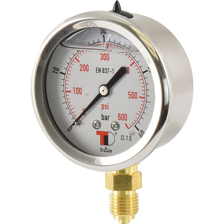 The Sparex Hydraulic Pressure Gauge Ø63mm (Sparex Part No. S.153757) is a round pressure gauge with a dial displaying measurements up to 40 bar. It features a metallic body and a 1/4'' BSP bottom entry, and is marked with the model "EN 837-1".