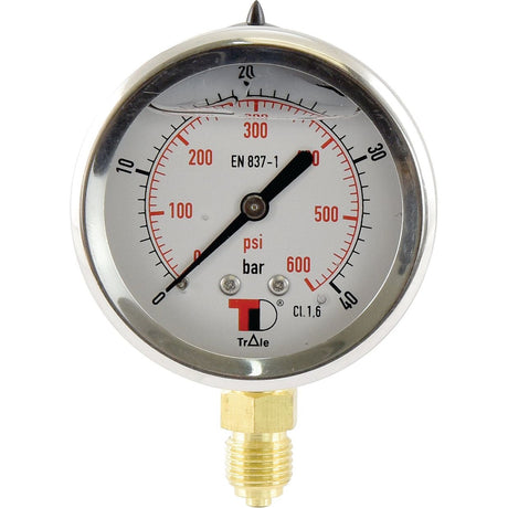 The Sparex Hydraulic Pressure Gauge Ø63mm (Sparex Part No.S.153757) features a round dial displaying readings in both psi and bar, enclosed in a metallic casing with a brass bottom entry 1/4'' BSP connection. The gauge has a maximum reading capacity of 300 psi and 0-40 bar.