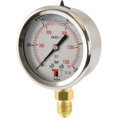 Introducing the Sparex Hydraulic Pressure Gauge Ø63mm, a round gauge with a white face and red and black markings, capable of measuring up to 1500 psi and 100 bar. This model (Sparex Part No. S.153758) features a brass bottom entry fitting with a 1/4'' BSP connection.