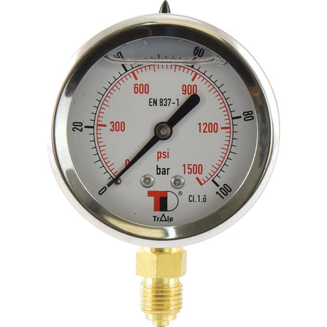 The Sparex Hydraulic Pressure Gauge Ø63mm (Sparex Part No.S.153758) is a round gauge with a bottom entry and 1/4'' BSP connection, capable of displaying measurements in both psi and bar, with a maximum reading of 1500 psi and 100 bar, mounted on a brass connector.