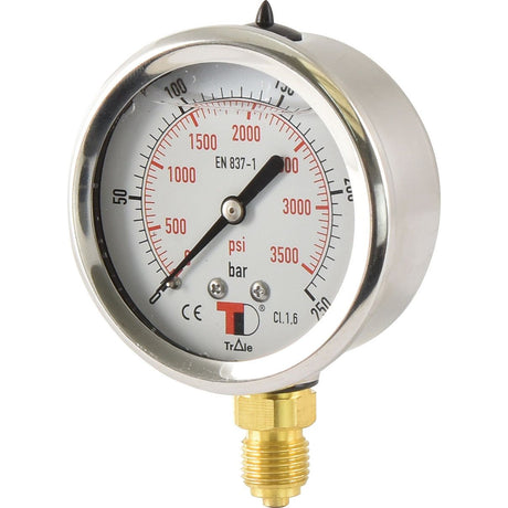 The Sparex Hydraulic Pressure Gauge Ø63mm (Sparex Part No.S.153759) is a round analog gauge that displays measurements in psi and bar, features a brass BSP connector at the bottom, and has a pressure range of 0-250 bar.