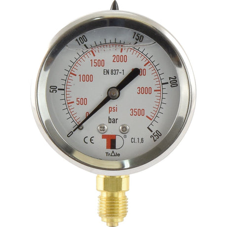 Close-up of the Hydraulic Pressure Gauge Ø63mm (0-250 bar) by Sparex, displaying measurements in psi and pressure ranging from 0 to 3500 psi (0 to 250 bar). The gauge features a metallic frame and a brass fitting at the bottom, available as Sparex Part No. S.153759.