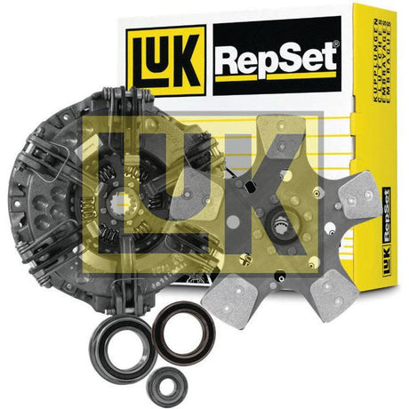 Image of the Clutch Kit with Bearings - S.153763 by Sparex, showcasing a cast iron clutch pressure plate, clutch disc, and various small components, with the product box in the background.