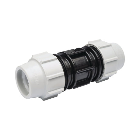 The Repair Coupling 20 x 20mm, Sparex Part No. S.153769, designed by Sparex, is a plastic pipe connector featuring white ends and a black center, specifically created for securely joining two pipes as a repair coupling.