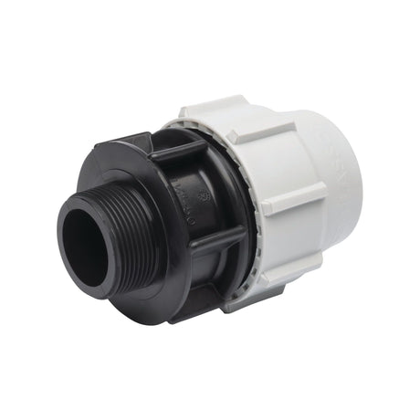 The Sparex Male Adaptor (Part No. S.153772) features a black 25mm threaded end and a white body, designed for connecting pipes in plumbing systems.