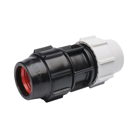 Product Data: The Sparex Metric / Imperial Coupling (Part No. S.153784) is a black and white plastic plumbing pipe connector with a red interior, designed to accommodate both metric and imperial systems.