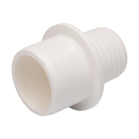 A white Sparex Damaged Pipe Adapter - 25mm (Sparex Part No. S.153788) plastic threaded pipe fitting with a 25mm flange.